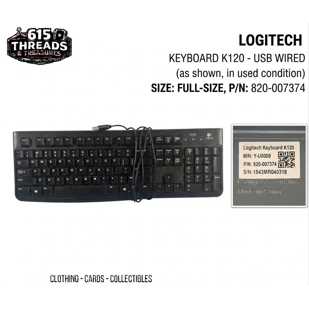 Logitech K120 Wired Keyboard USB Full Size Black Y-U0009 820-007374